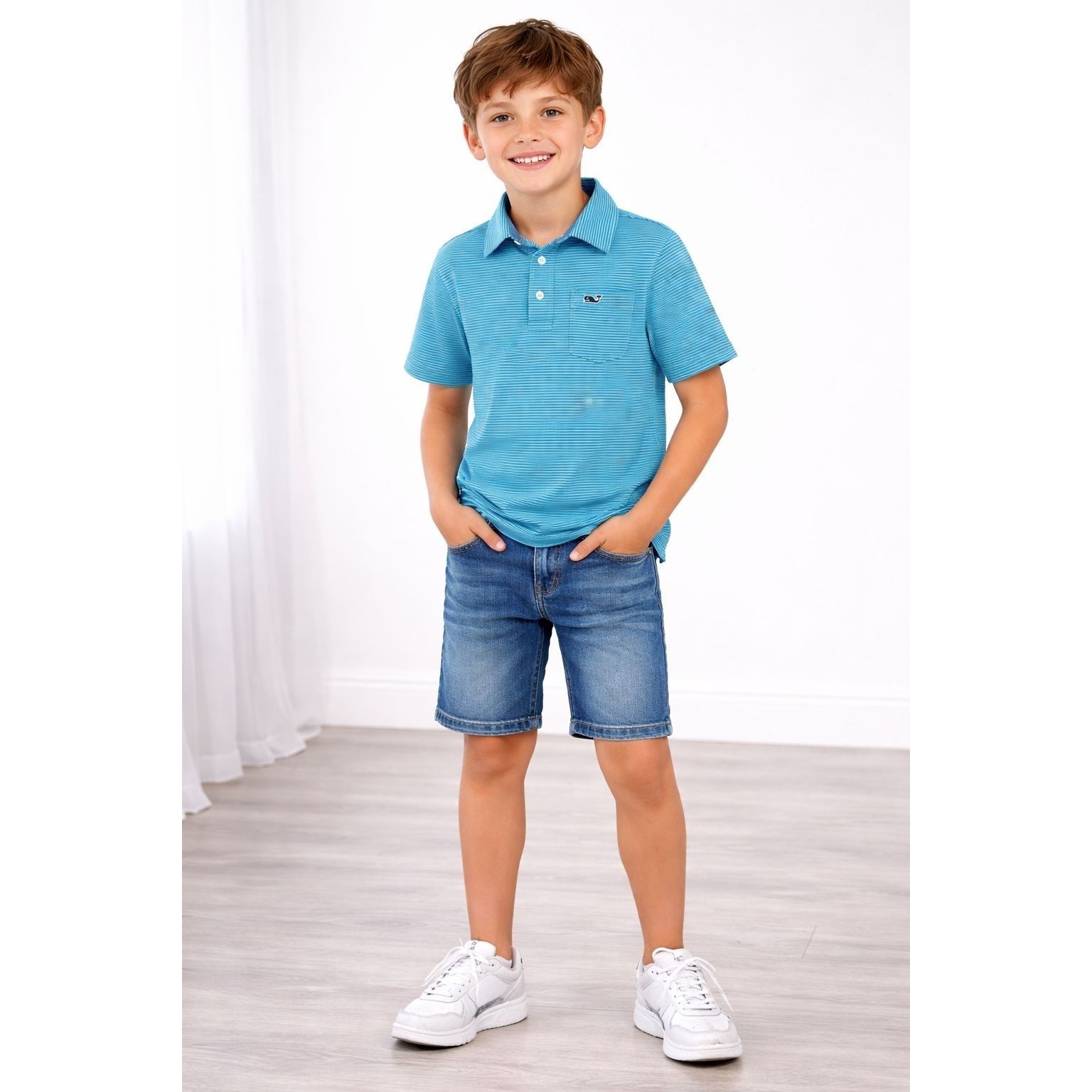 Vineyard Vines Polo Kids Boys Shirt Small 8-9y Striped Blue Green Pocket Logo